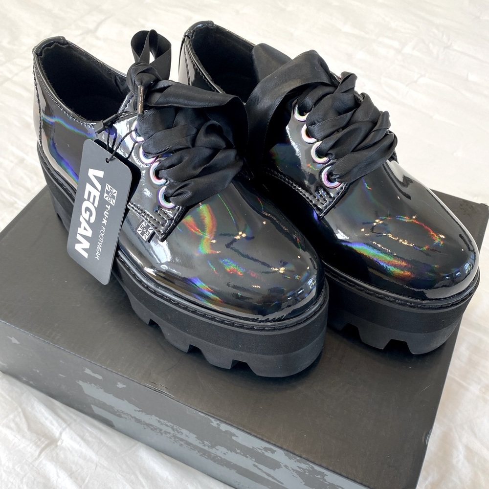 *New* Vegan TUK Holographic Black Rainbow 🖤🌈🖤 platforms women’s size 5/5.5